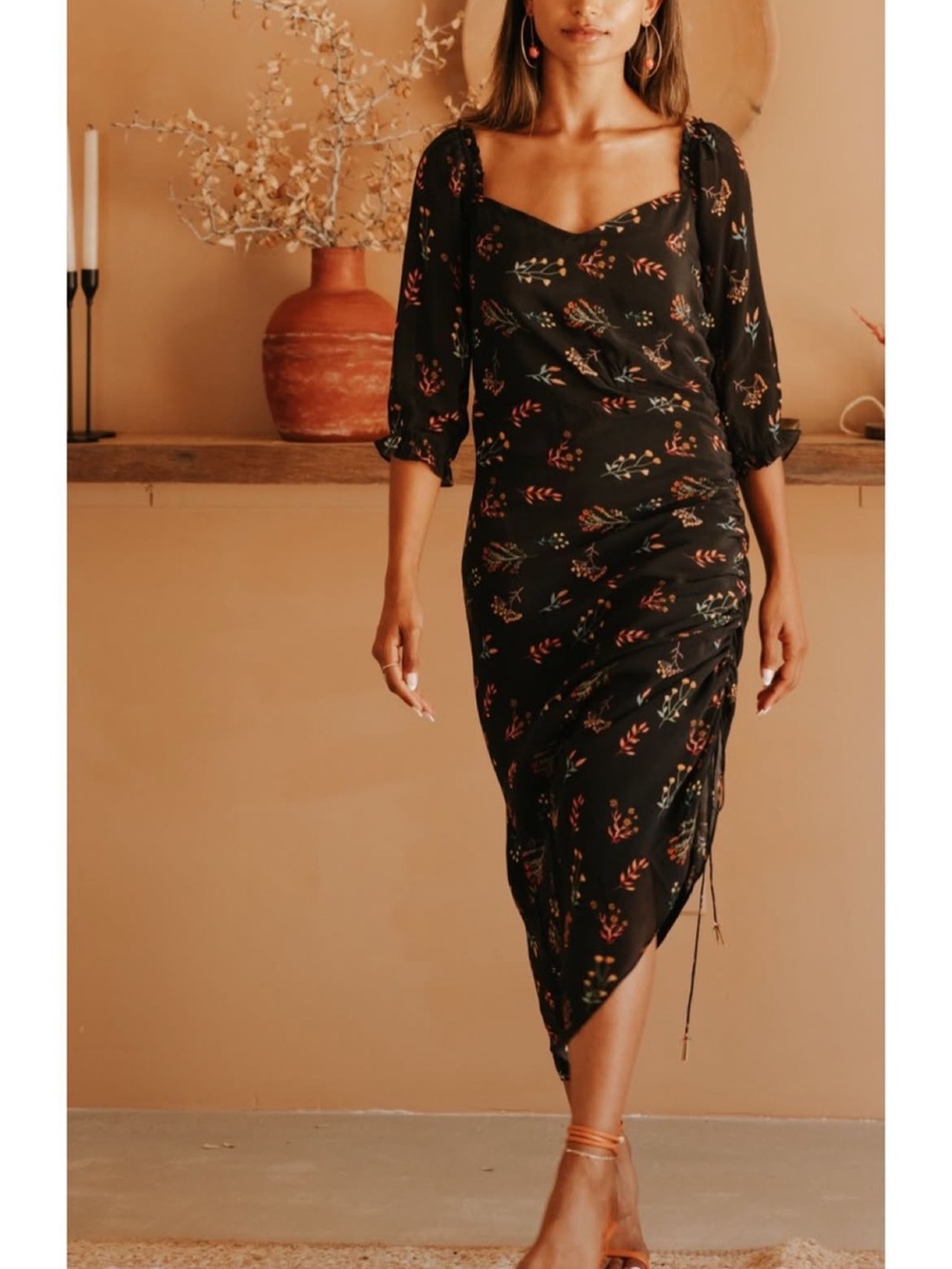 Black Floral Asymmetrical Ruched Dress